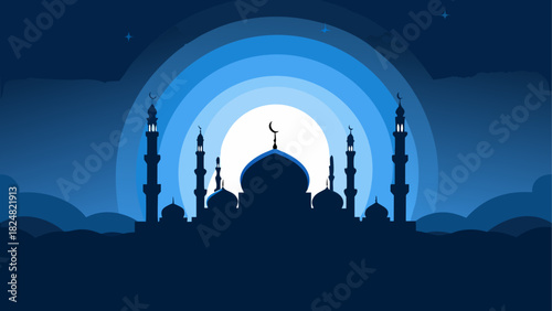 Silhouette of a mosque with minarets against a blue layered background and crescent moon at night