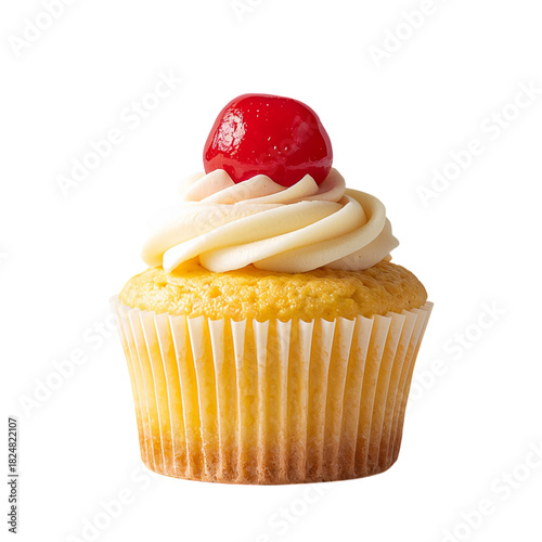 Delicious Vanilla Cupcake With Frosting and Cherry on Top Ready for a Sweet T...