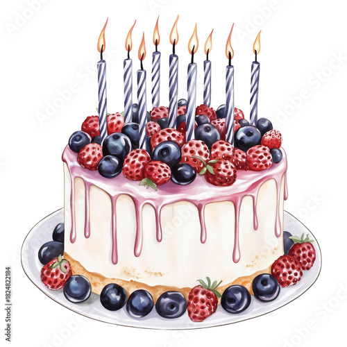 Delicious Birthday Cake Topped With Candles and Fresh Berries on a White Plat...