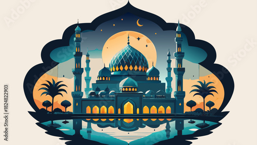 Illustration of a mosque with minarets under a full moon and starry night sky reflected in water