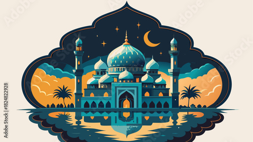 Illustration of a mosque with minarets, dome, moon and stars in a decorative frame at night time