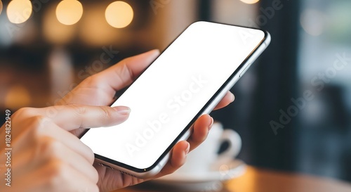 Woman using smartphone with blank screen in cafe, close up shot on table
