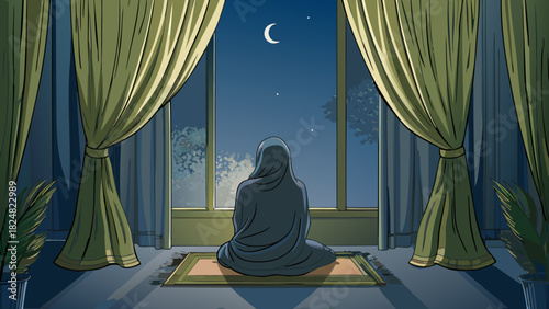 Woman in hijab sitting on a prayer mat looking out a window at the night sky with a crescent moon