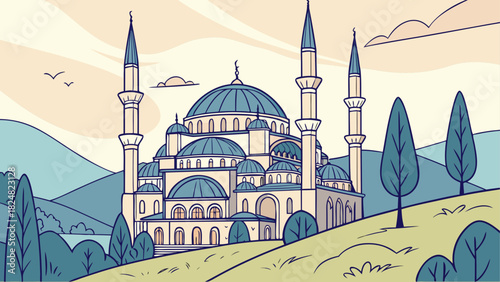 Illustration of a grand mosque with minarets and domes in a scenic landscape setting perfectly drawn