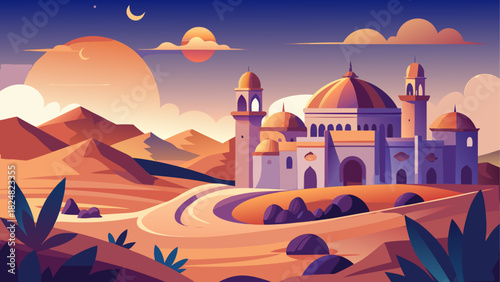 Illustration of a desert landscape with a mosque, mountains, and a crescent moon at sunset time