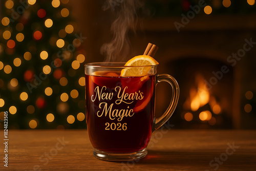 Mulled wine in a mug with a slice of orange and cinnamon sticks on a Christmas background in the style of bokeh