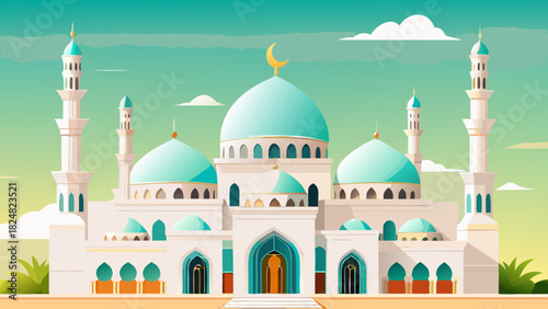 Illustration of a grand mosque with multiple domes and minarets under a serene sky landscape scene
