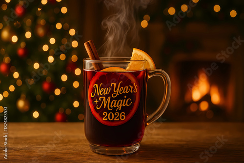 Mulled wine in a mug with a slice of orange and cinnamon sticks on a Christmas background in the style of bokeh