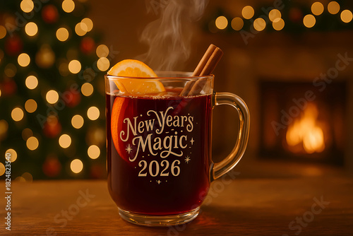 Mulled wine in a mug with a slice of orange and cinnamon sticks on a Christmas background in the style of bokeh