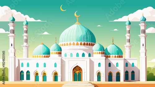 Illustration of a white mosque with turquoise domes and minarets against a bright sky backdrop