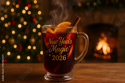 Mulled wine in a mug with a slice of orange and cinnamon sticks on a Christmas background in the style of bokeh