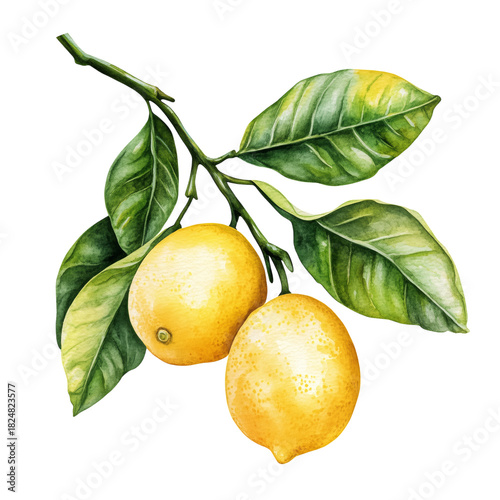 Fresh Ripe Lemons With Green Leaves on a Branch in a Bright, Natural Setting