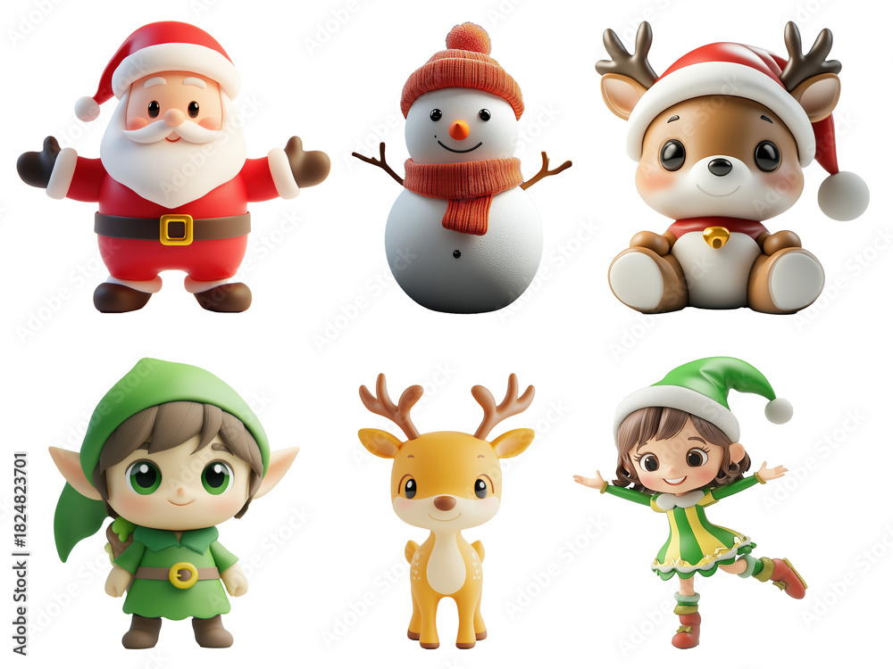Obraz premium Cute 3D Christmas characters set including Santa, snowman, reindeer, elf on transparent background