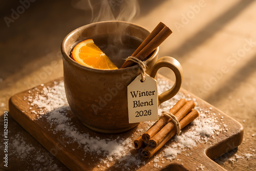 Mulled wine in a mug with a slice of orange and cinnamon sticks on a Christmas background in the style of bokeh. There is a Happy New Year greeting card on the mug.