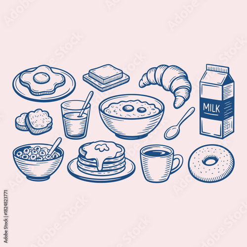 Blue ink drawing of breakfast foods including fried egg pancakes cereal croissant milk coffee and donut