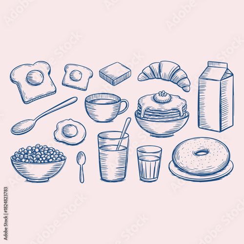 Hand drawn blue ink breakfast food items on light pink background illustration drawing