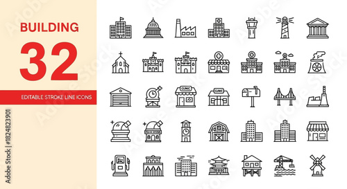 A comprehensive vector set of editable stroke line icons representing various buildings, architecture, and famous landmarks for graphic design projects