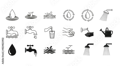 A versatile vector set of water-related icons in both line and solid styles, perfect for illustrating concepts of conservation and daily usage