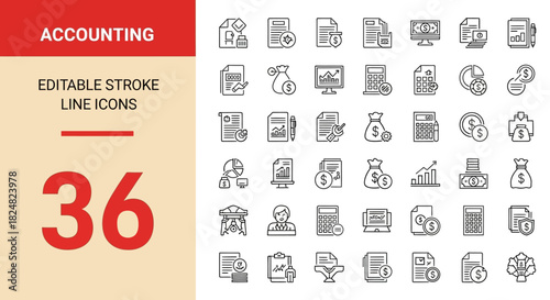 Comprehensive Financial Accounting and Business Management Line Icons Set Vector Illustrations for Data Analysis, Money Transactions, and Corporate Reporting