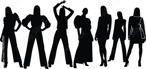 Fashion silhouette illustration, seven female figures, diverse clothing styles, black vector design, modeling poses, outfit variety, stylish concept art
