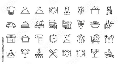 A comprehensive vector collection of 37 thin line icons representing restaurant, food delivery, and catering services