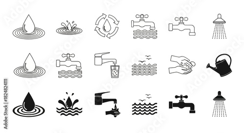 Water Conservation Icons Faucets, Drops, and Circular Economy