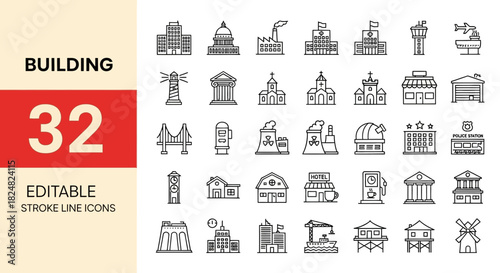 Collection of 32 Editable Stroke Line Icons Representing Various Building Types and Architecture Styles