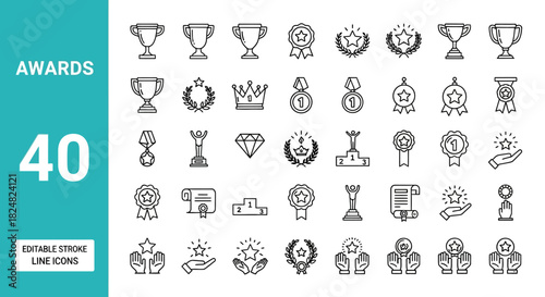 Awards and Achievements Line Icons Trophies, Medals & Certificates