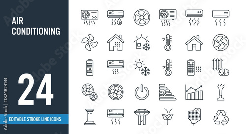 Editable stroke line icon set for air conditioning systems, ventilation, and home climate control technology