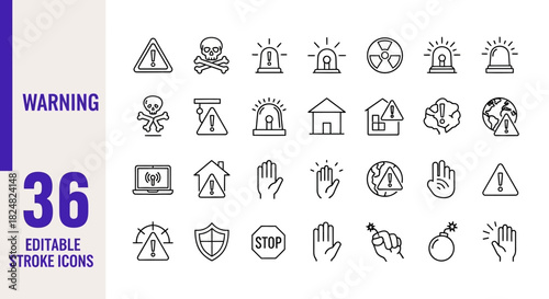 Warning Icons A Set of 36 Editable Stroke Icons for Alerts, Dangers, and Safety Symbols
