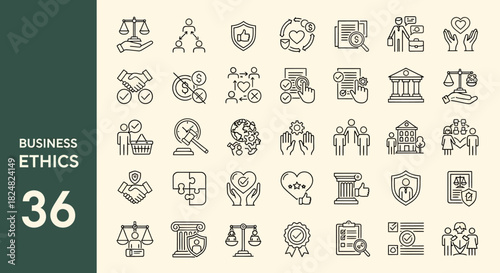 A comprehensive collection of vector line icons illustrating concepts of business ethics, corporate responsibility, and legal compliance