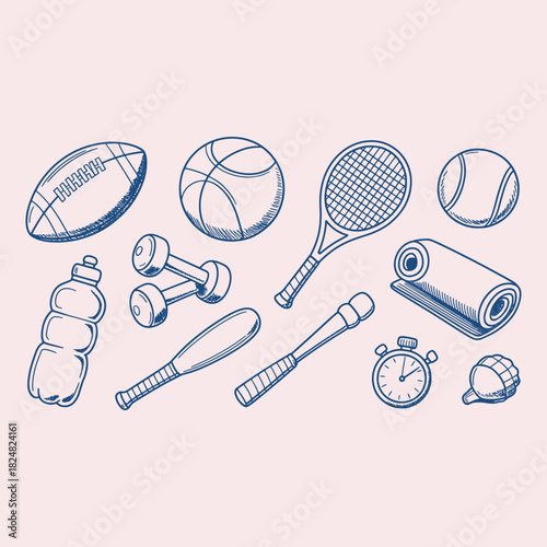 Collection of hand drawn sports equipment and fitness items exercise workout