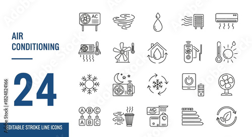 Modern vector line icons for air conditioning, climate control, and HVAC systems, suitable for smart home technology, temperature regulation, and ventilation designs