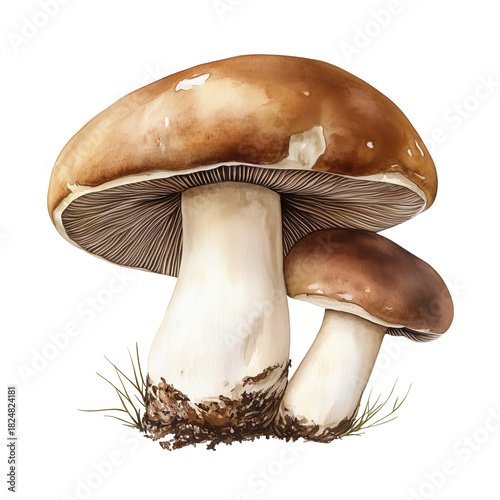 Brown Mushrooms Growing in Green Grass Under Bright Sunlight With Fine Details