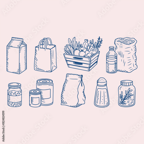 Hand drawn grocery items including milk carton shopping bags vegetables in crate bottled water sack of grain jars and salt shaker