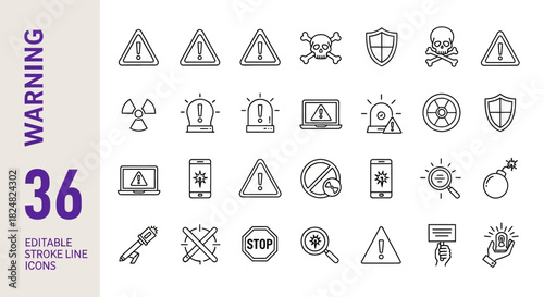 Set of 36 Editable Stroke Line Icons Illustrating Various Warning Symbols for Digital Safety