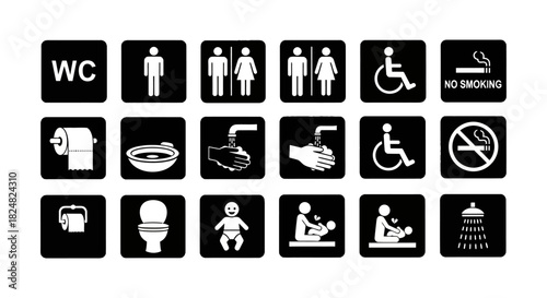 A comprehensive collection of black and white vector icons for public restroom and toilet facilities signage, isolated on a white background