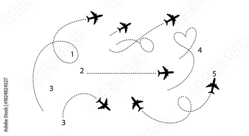 Vector set of airplane icons flying on dotted line routes. Various flight paths including straight, loop, and heart shapes for travel and transport concepts