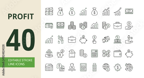 Set of profit and finance line icons. Editable stroke vector symbols for business, investment, and money management