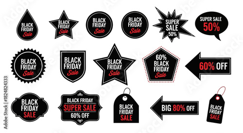 Vector collection of Black Friday sale badges, tags, and promotional stickers featuring discount percentages for shopping events and seasonal marketing campaigns