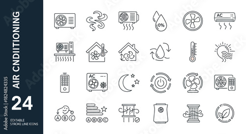 Modern outline vector icons depicting various air conditioning systems, climate control functions, and HVAC technology elements for heating, ventilation, and cooling applications