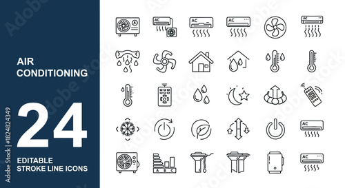 Air Conditioning Icons Set 24 Editable Stroke Line Icons for HVAC and Climate Control