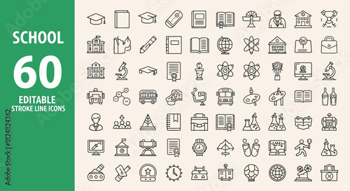 Extensive collection of 60 stroke line vector icons illustrating various facets of school, education, science, and academic life, perfect for learning and knowledge-related designs