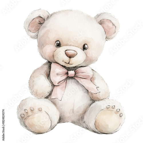 Soft Pink Teddy Bear With a Bow Sitting Quietly on a Plain Background