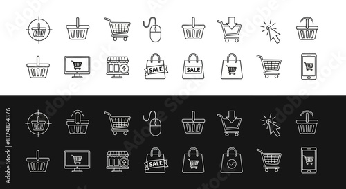 Online Shopping Icons E-commerce Symbols, Shopping Carts, Computer Mouse, and More - Vector