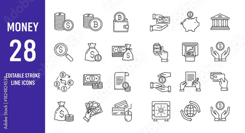 Versatile collection of business and finance vector line icons, encompassing currency, banking, secure transactions, and investment concepts for modern digital applications