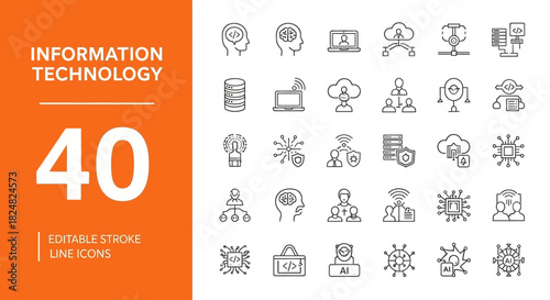 A comprehensive collection of editable stroke line icons representing information technology themes such as cloud computing, artificial intelligence, and network security