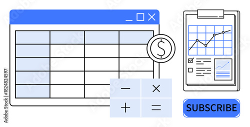 Spreadsheet with financial data, calculator buttons, and analytics chart on report form. Ideal for finance, budgeting, analysis, subscription services, digital tools, business growth simple flat