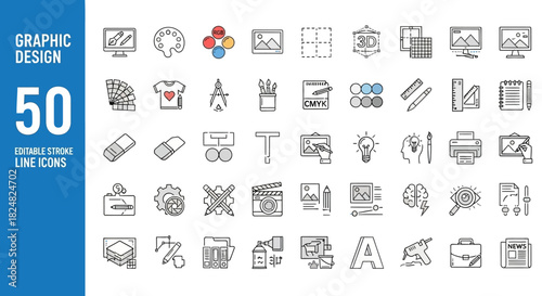 Comprehensive Set of Graphic Design Line Icons Depicting Creative Tools, Digital Art Concepts, and Professional Workflow Elements