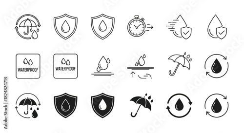 Waterproof Icons Set Water Drop and Protection Symbols Collection